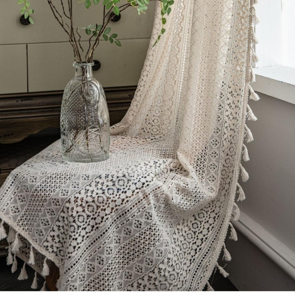Farmhouse Crochet Curtains for Living Room 96 inch Long, 2 Panels